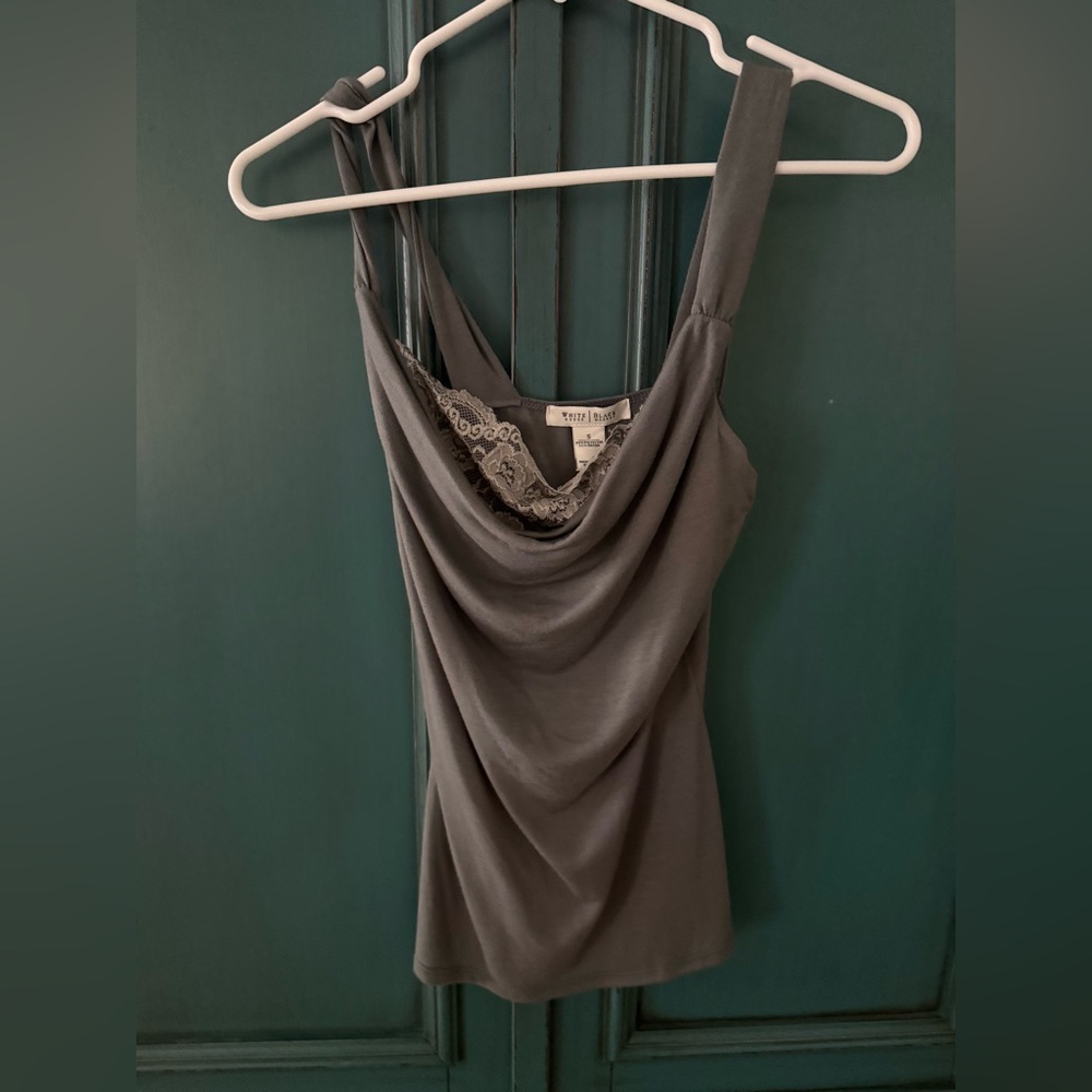 White House Black Market Charcoal Cowl Neck Top with Lace